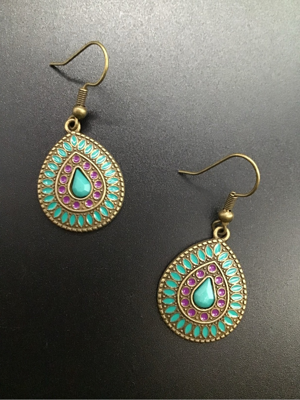 Purple and Turquoise Drop Earrings - Picture 2 of 2